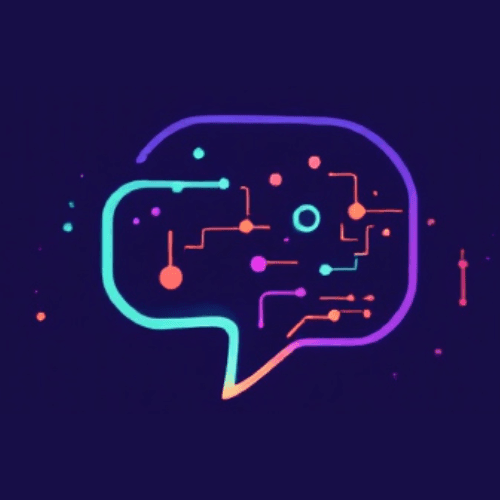 Icône Tech Speak'Her sur fond violet nuit : la bulle de dialogue seule, sans le nom, au tracé néon du cyan au violet, parcourue de circuits colorés.