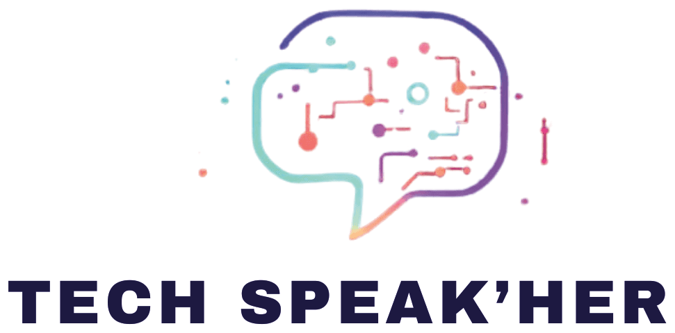 Logo complet Tech Speak'Her sur fond blanc : la bulle de dialogue au tracé néon, du cyan au violet, parcourue de circuits colorés, au-dessus du nom TECH SPEAK'HER en capitales violet nuit.