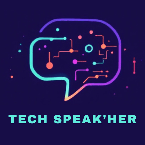 Logo complet Tech Speak'Her sur fond violet nuit : une bulle de dialogue au tracé néon, du cyan au violet, parcourue de circuits colorés, au-dessus du nom TECH SPEAK'HER en capitales cyan.